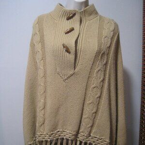 Chesley Tan Cable Knit Wood Button Tasseled Acrylic Poncho Sweater Women's Small